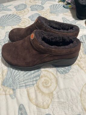 Merrell Brown Suede Shearling-Lined Clog Mules